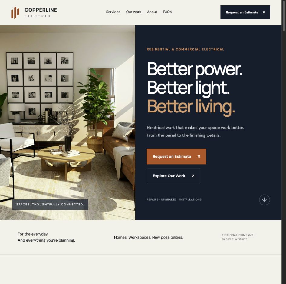 Copperline Electric sample website with warm architectural photography and clear estimate calls to action