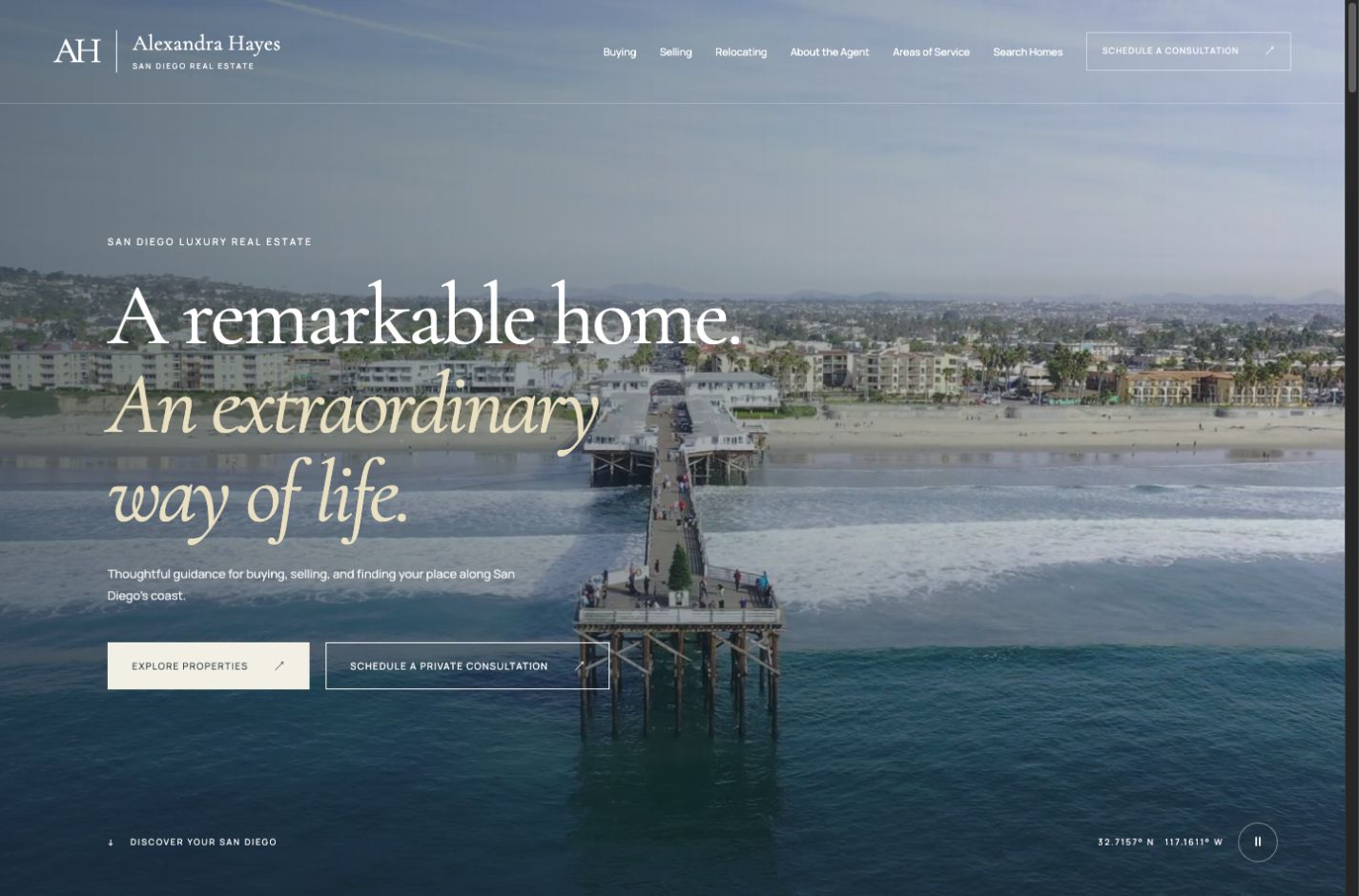 Alexandra Hayes sample website with a San Diego coastal video hero