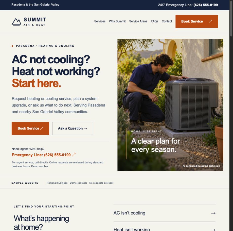 Summit Air and Heat sample website with prominent booking buttons and emergency contact