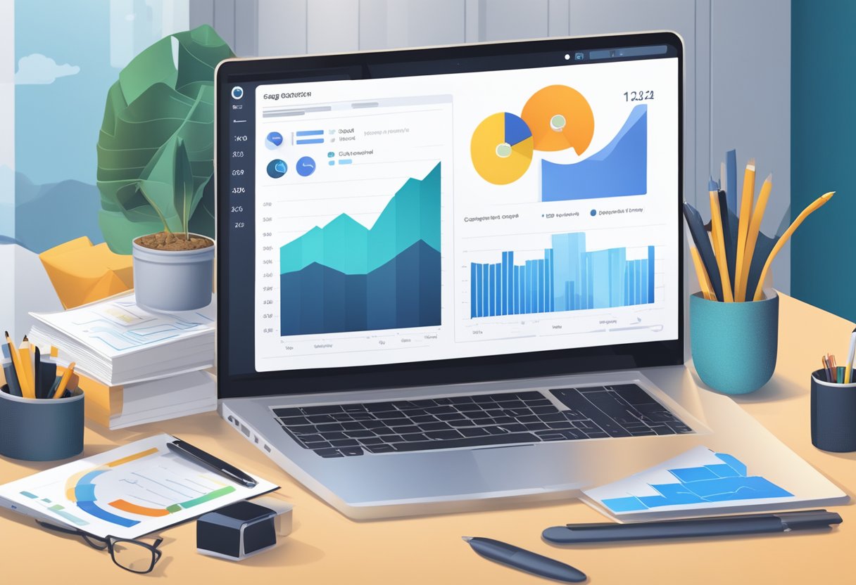 A laptop displaying a real estate video with engagement metrics on a desk surrounded by marketing materials and a chart showing lead generation trends for 2024