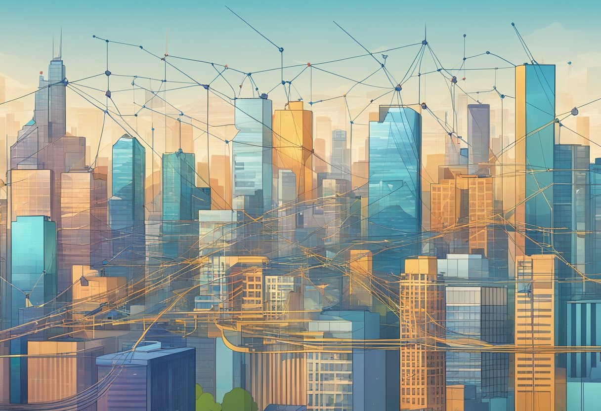 A bustling city skyline with interconnected nodes representing various real estate networks and referral systems, showcasing the latest lead generation trends for 2024