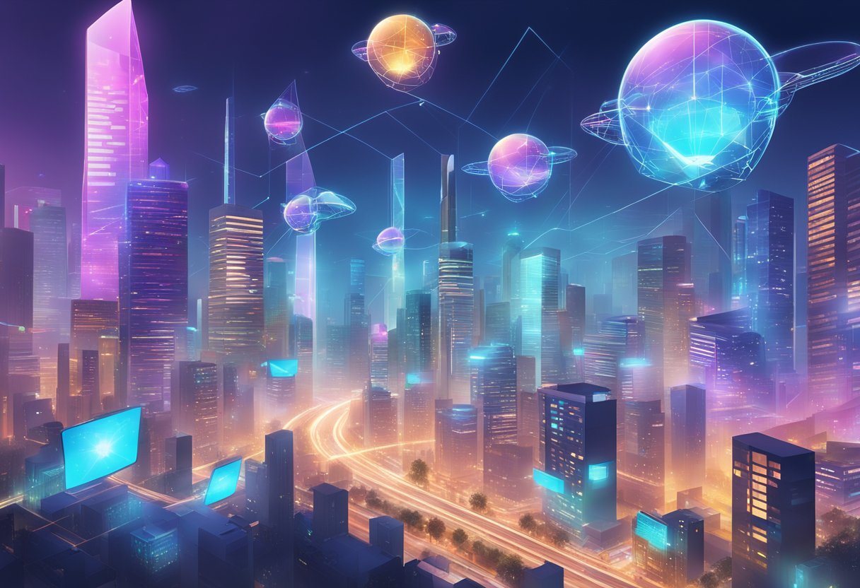 A futuristic cityscape with holographic billboards displaying "2024 Realtor Lead Generation Trends" while drones hover above collecting data