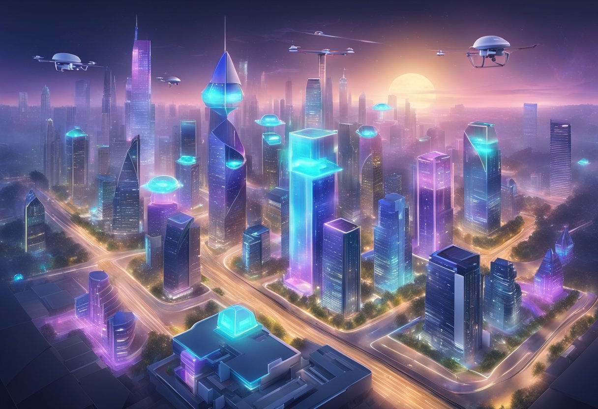 A futuristic city skyline with holographic real estate signs and drones delivering virtual property tours